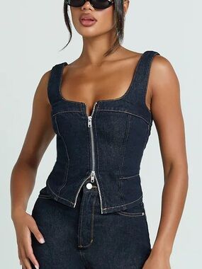 NEVER WORN Showpo Bellerose Dark Indigo Denim Zip-Front Corset Top